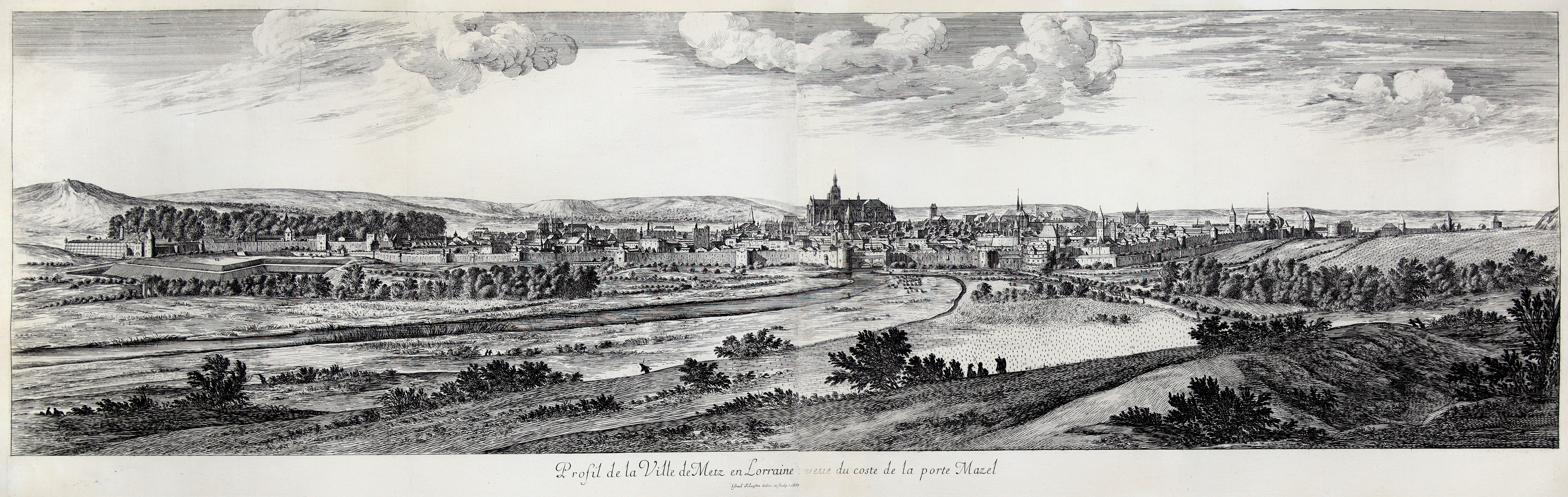 Israël Silvestre : Profil de la Ville de Metz en Lorraine: veue du coste de la porte Mazel