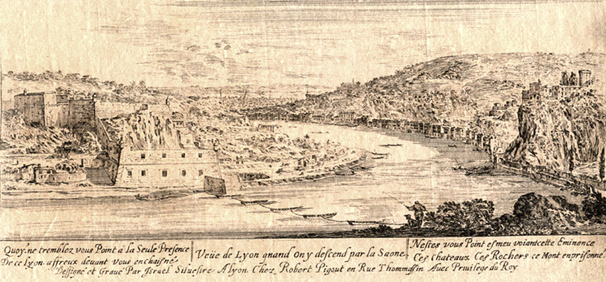 Israël Silvestre : Veüe de Lyon quand on y descend par la Saone.