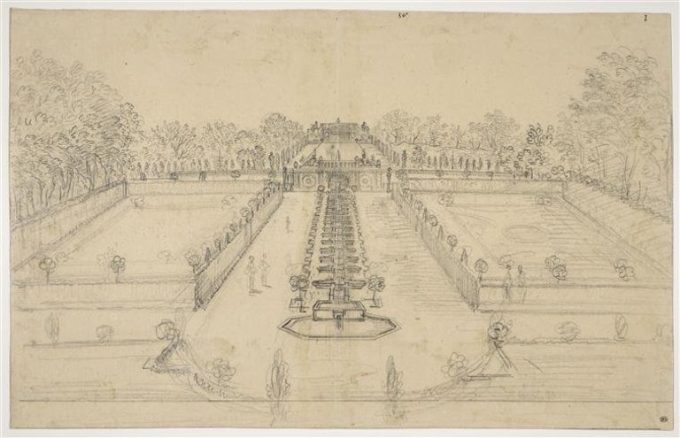 Israël Silvestre : Vue de la cascade et des jardins de la maison de Le Brun à Montmorency