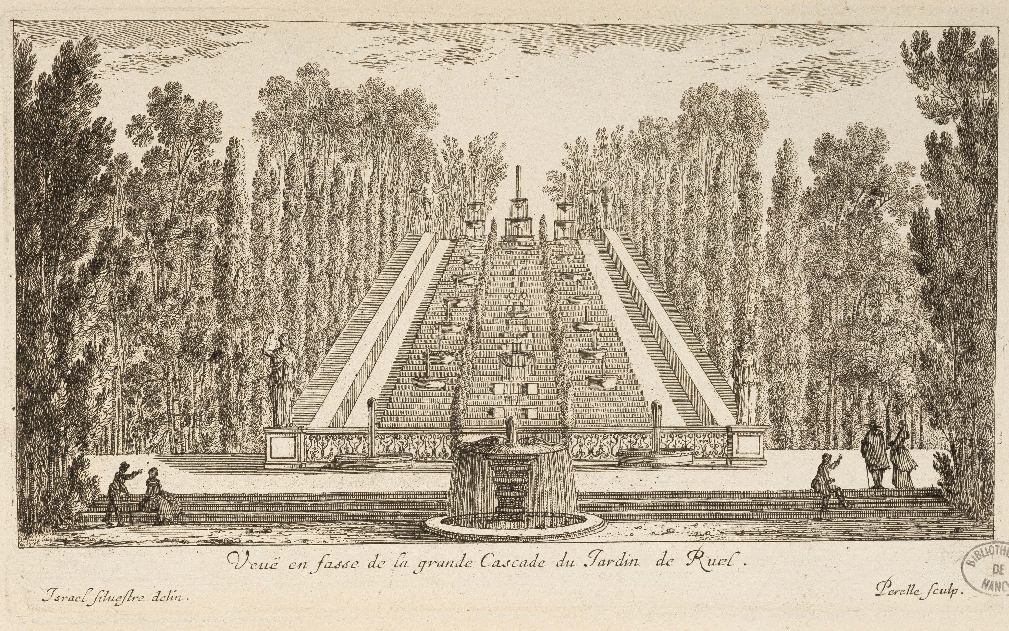 Israël Silvestre : Veuë en fasse de la grande Cascade du Jardin de Ruel.