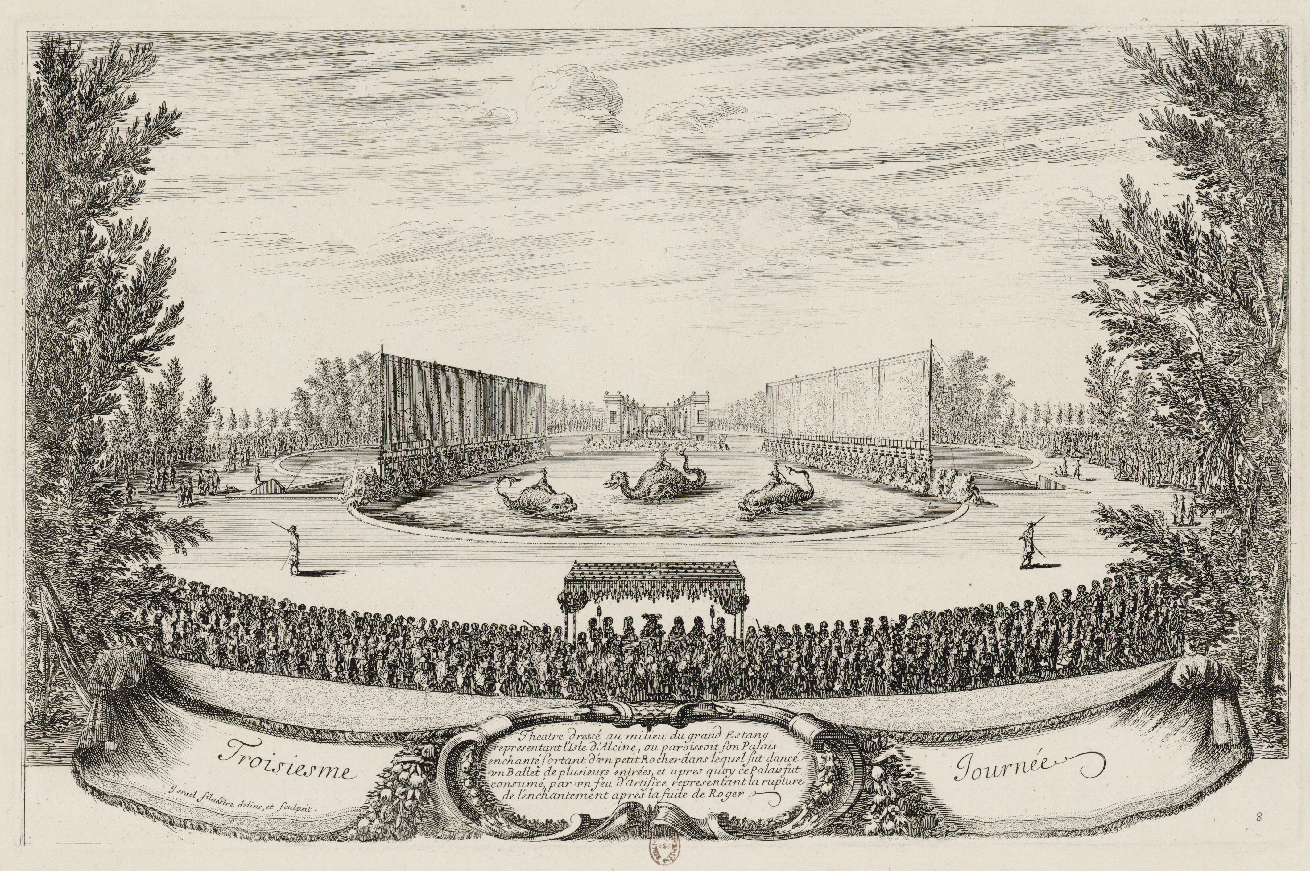 Israël Silvestre : Troisieme Journée. Theatre dressé au milieu du grand Estang representant l