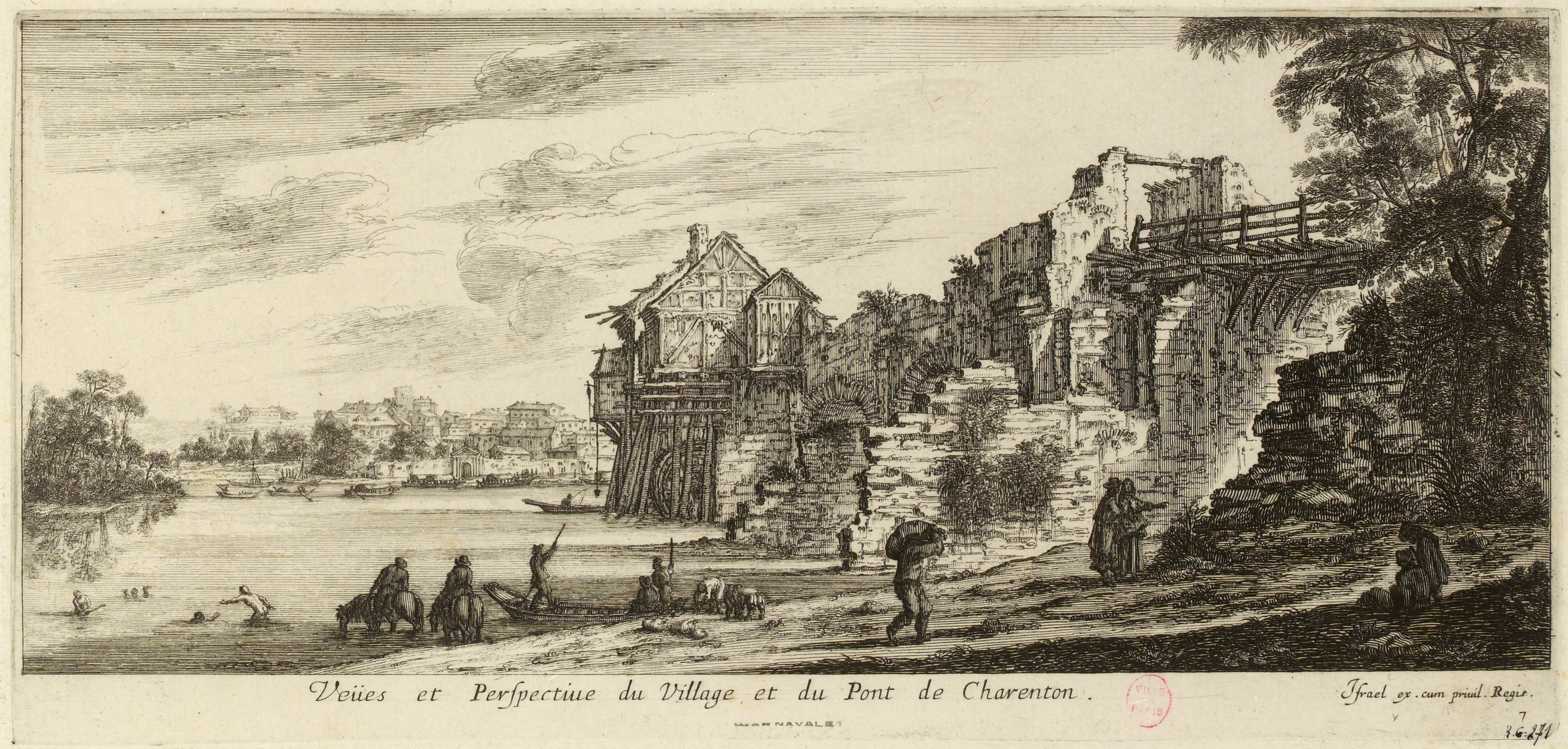 Israël Silvestre : Veües et Perspective du Village et du Pont de Charenton.