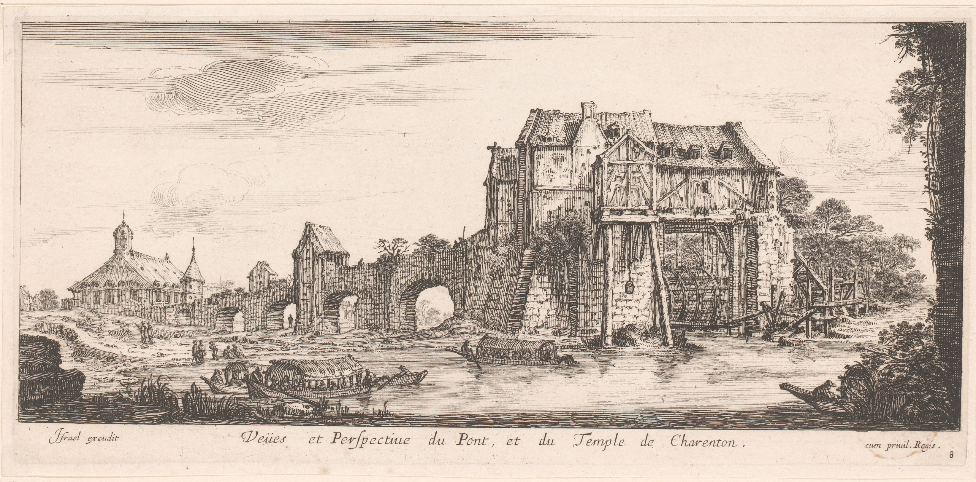 Israël Silvestre : Veües et Perspective du Pont, et du Temple de Charenton.