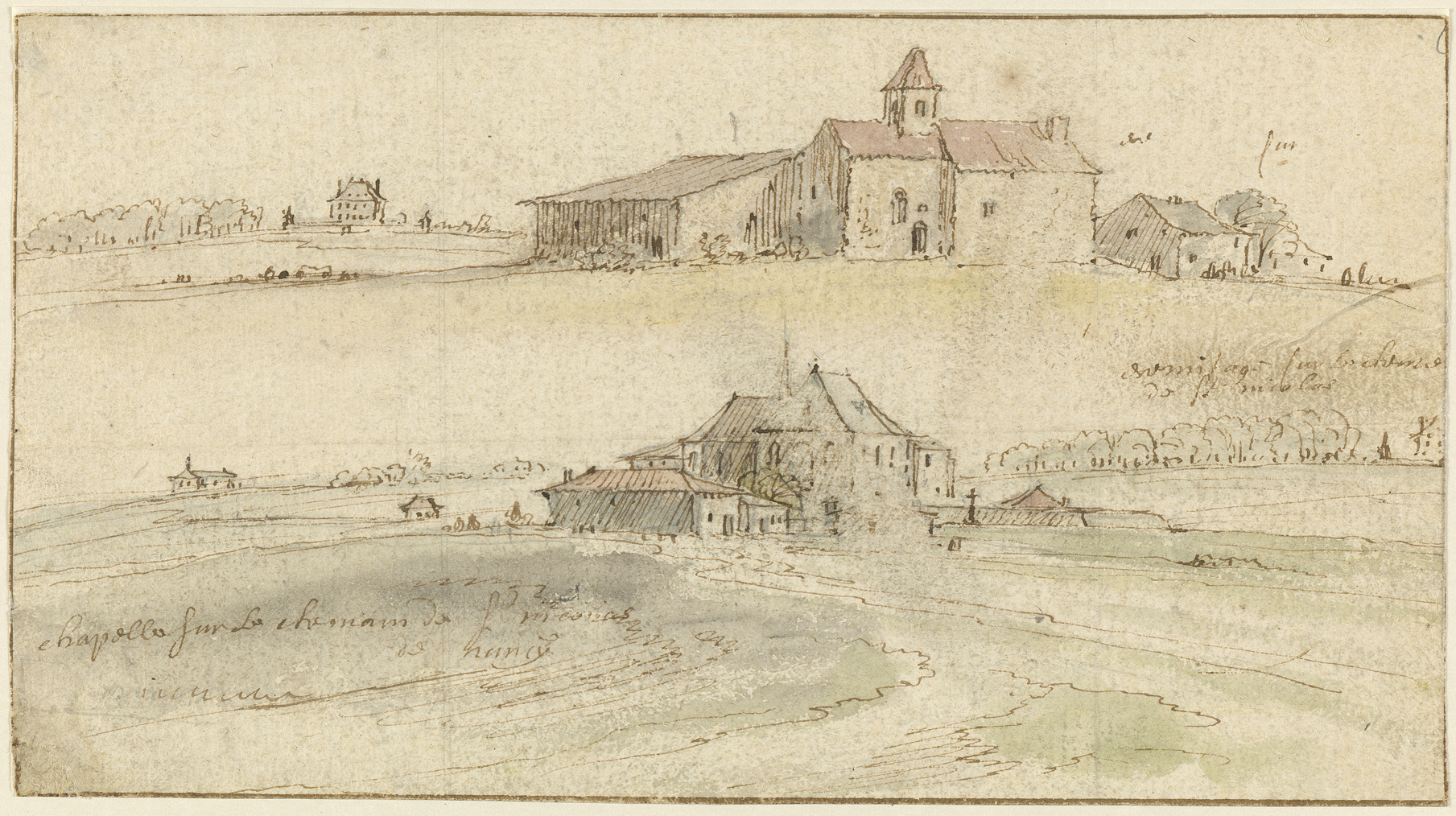 Israël Silvestre : Ermitage sur le chemin de Saint-Nicolas et Chapelle sur le chemin de Nancy
