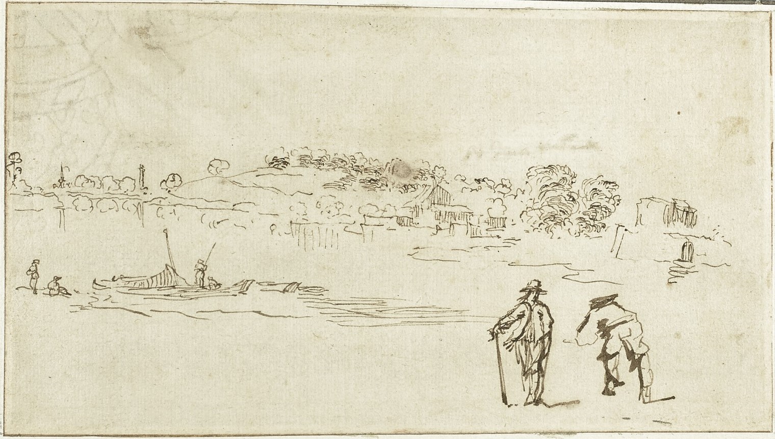 Israël Silvestre : Croquis avec deux personnages, une barque , et un pont au loin