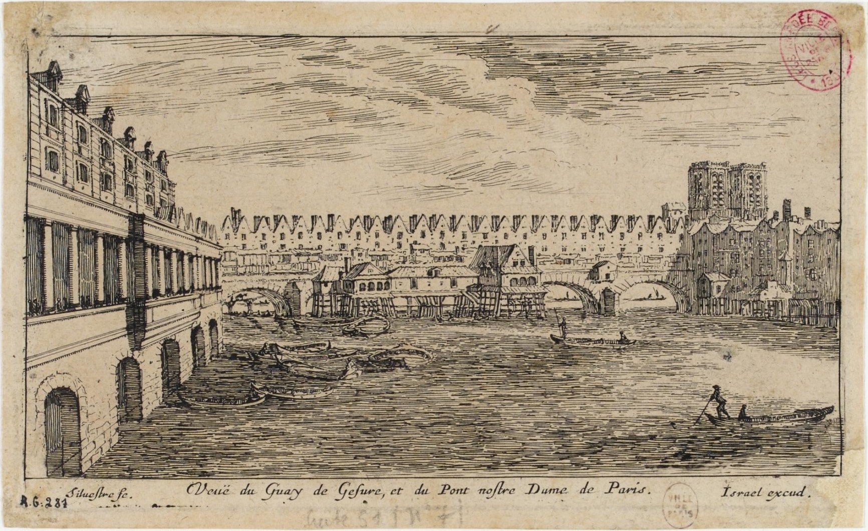 Israël Silvestre : Veuë du Guay de Gesure, et du Pont nostre Dame de Paris.