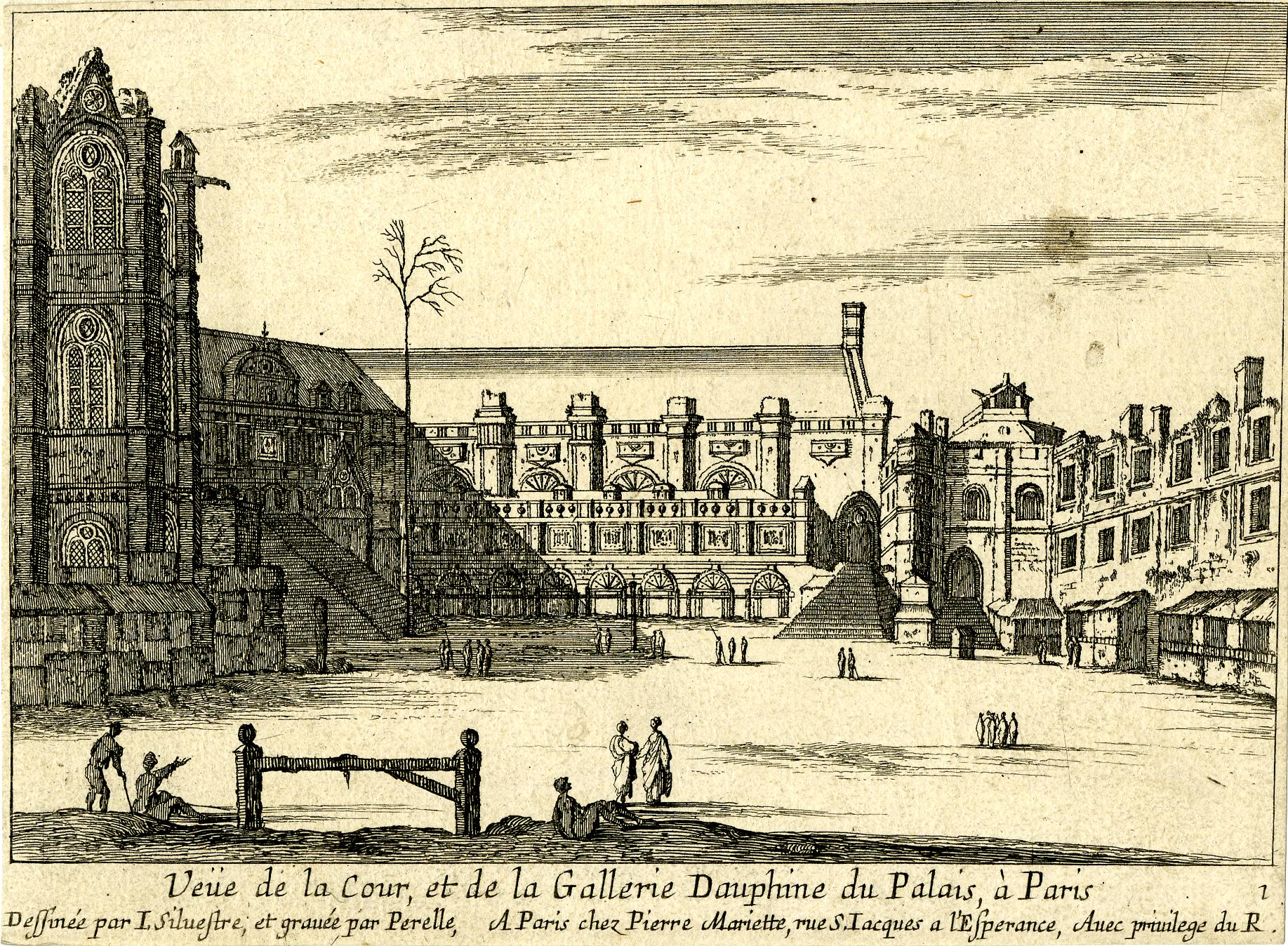 Israël Silvestre : Veüe de la Cour, et de la Gallerie Dauphine du Palais, à Paris.