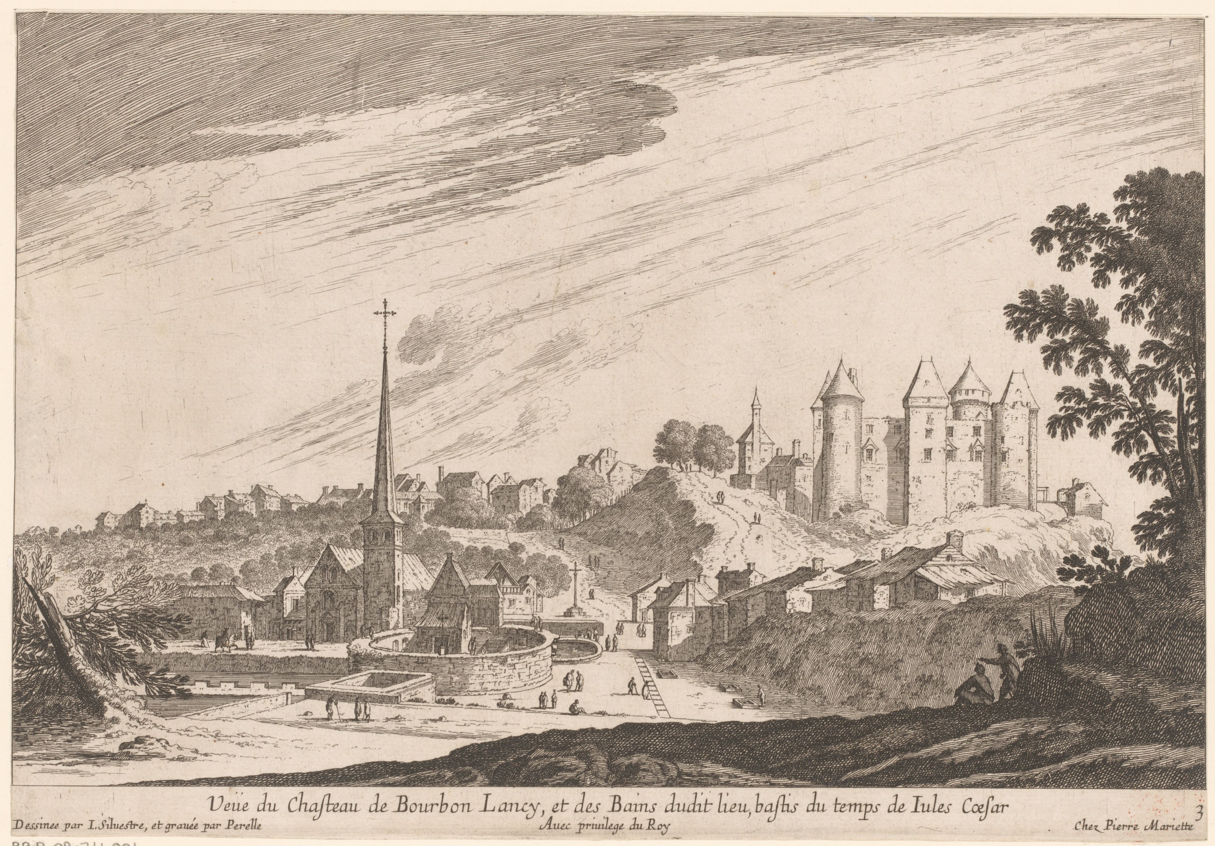 Israël Silvestre : Veüe du Chasteau de Bourbon Lancy, et des Bains dudit lieu, bastis du temps de Jules Caesar.
