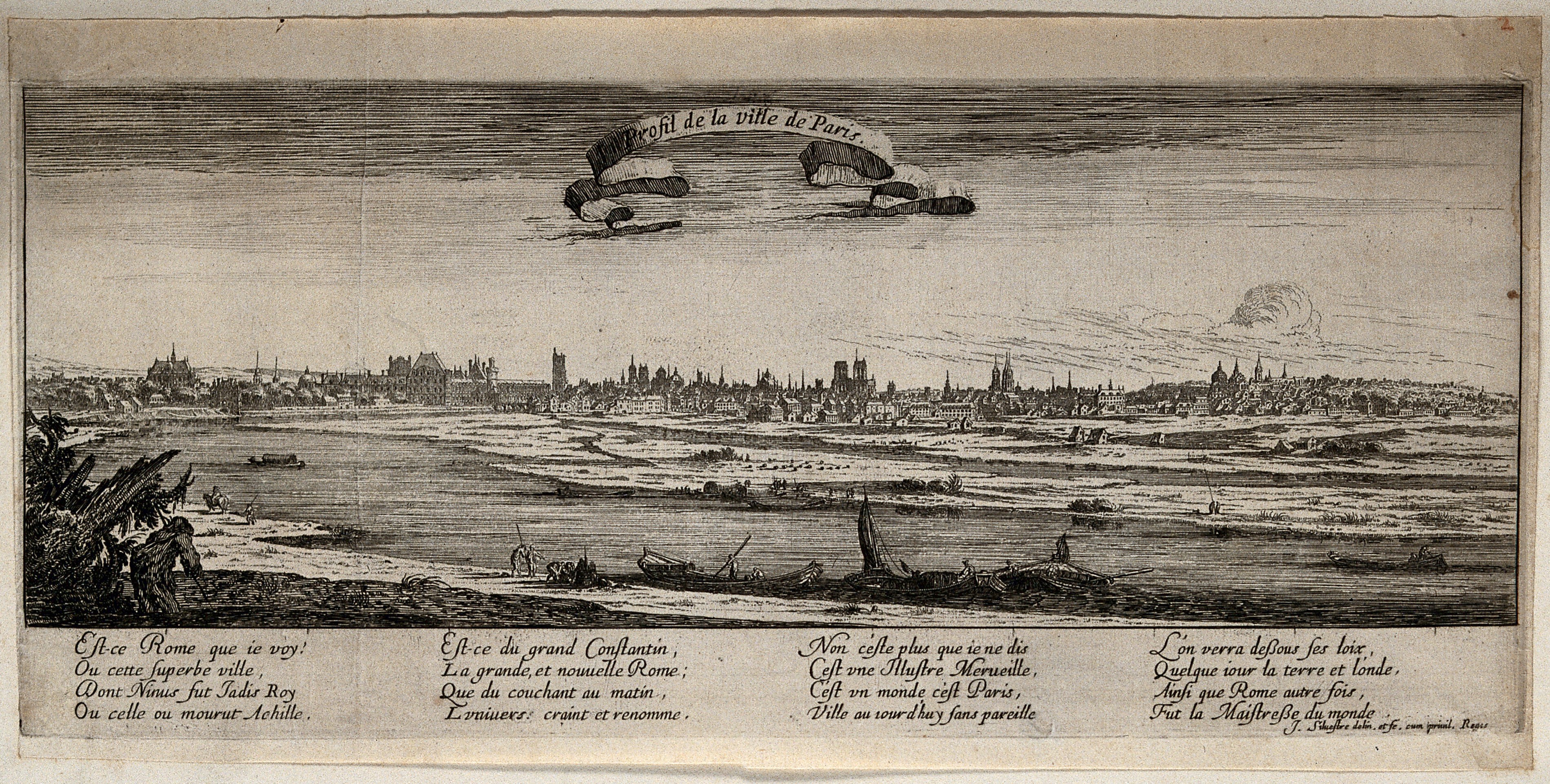 Israël Silvestre : Profil de la Ville de Paris. (En haut dans une banderole).