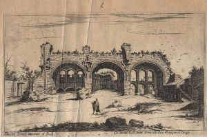 1.5 Trois arcades en ruines qui forment l'entrée d'un cirque.Silvestro Israel inventor et fecit. Gio Iacomo Rossi formis Rome alla Pacce all Insegna di ParigiH : 112 L : 188
 Faucheux : 1.5  Baré : N° 801Crédit : Franco De Luca
