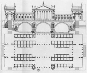132.1 Plan coupe et élévation d'un projet du Pont-Royal.H : 300 L : 373
 Faucheux : 132.1  Baré : N° 187