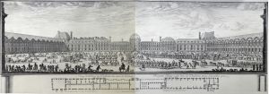 161.3 Veüe et perspective du pallais des Tuilleries du costé de l'Entrée auec le Plan du Premier estage au dessus du rez de Chaussée.Dessigné et gravé par Israël Siluestre au gallerie du louvre. Avec priuil. du Roy 1669.H : 367 L : 996 - En deux feuilles, destinées à être réunies.
 Faucheux : 161.3  Baré : N° 54