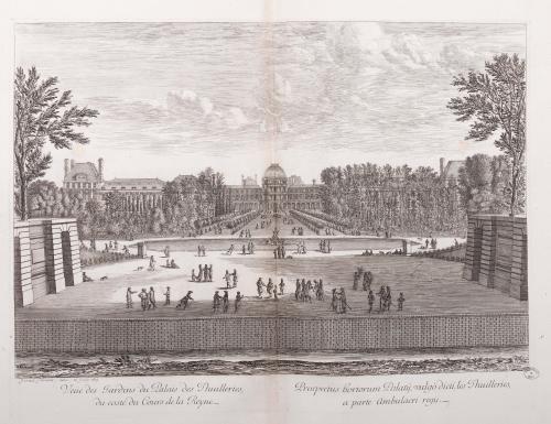 161.9 Veüe des Jardins du Palais des Thuilleries, du costé du Cours de la Reyne.Israël Silvestre, delin. et sculp. 1673.H : 385 L : 510
 Faucheux : 161.9  Baré : N° 60Crédit : Bibliothèque municipale deNancy