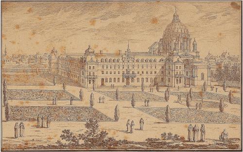162.1 Veue du Monastère Royal du Val de GrâceH : 147 L : 262
 Dessin pour la gravure Faucheux : 162.1  Baré : N° 126Crédit : Passé chez Bonhams - Cornette de Saint Cyr en novembre 2024.