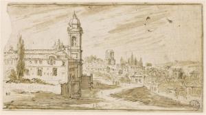 19.21 L'église de la Trinité-des-Monts à RomeH : 99 L : 182
 Dessin pour la gravure Faucheux : 19.21  Baré : N° 941Crédit : © Louvre, Département des Arts graphiques,Cabinet des dessins, Fonds des dessins et miniatures INV 33003, Recto
