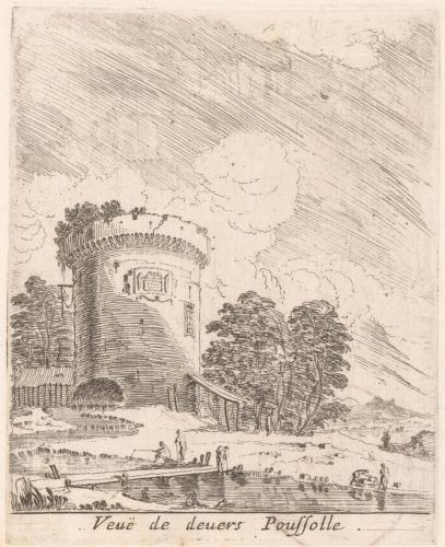 Veuë de deuers Poussole. (Vue d'un monument antique, c'est une ancienne tour.)
