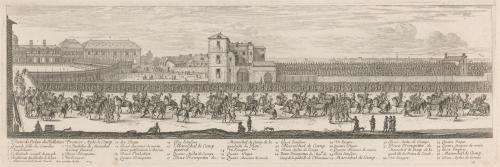 205.2 Marche des Mareschaux de Camp - Planche 1 : Arrivée du cortège dans la carrière.Dessigné et gravé par Israël Silvestre. Avec priuilege du Roy. 1664.H : 185 L : 560
 Faucheux : 205.2  Baré : N° 74