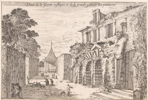 Veuë de la Grotte rustique, et de la grande gallerie des peintures. (en haut).