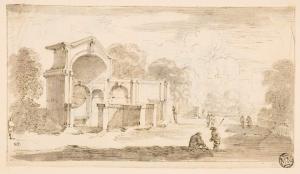 216.11 Divers veuës, et Perspectives des Fontaines, et Jardins de Fontaine bel eau, et autres lieux.
 Dessin pour la gravure Faucheux : 216.11  Baré : N° 242
