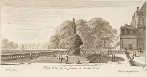 Veuë de la Cour des fontaines de Fontaine-bel-Eau (et de la fontaine de Persée.)