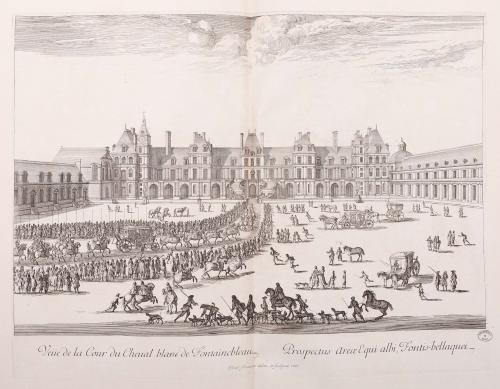 216.28 Veue de la cour du cheval blanc de fontaine Belleau.A Paris chez Israel Silvestre rue du Mail proche la rue Montmartre avec priuilege du Roy, 1667.H : 372 L : 494
 Faucheux : 216.28  Baré : N° 259Crédit : Bibliothèque municipale deNancy