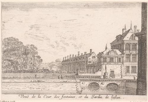 Veuë de la Cour des fontaines, et du Jardin de l'estan.