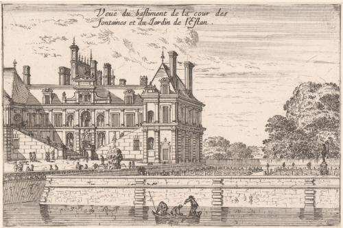 Veuë du bastiment de la cour des fontaines et du Jardin de l'Estan (en haut).