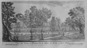 221.2 Veuë des Jardin, et Parterre, de la Maison de Gondy a sainct Cloud.Israel Silvestre inuen. et fecit. Israël Henriet ex. cum priuil. Regis.H : 132 L : 248
 Faucheux : 221.2  Baré : N° 344Crédit : Thierry ALGRIN