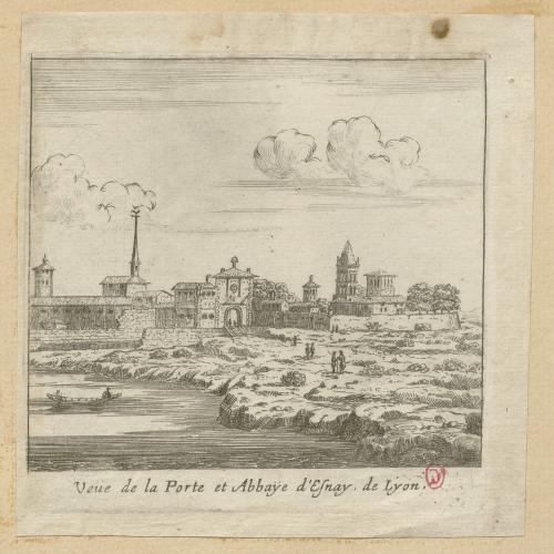 234.32 Veüe de la Porte et Abbaye d'Esnay, de Lyon.H : 108 L : 107
 Faucheux : 234.32  Baré : N° 553Crédit : Bibliothèque de l'Institut national d'histoire de l'art, collections Jacques Doucet, 4 EST 115  - Crédit photo : INHAImage sous licence ETALAB