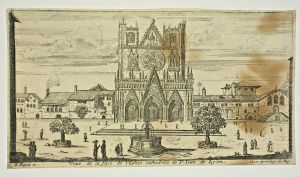 234.40 Veue de la face de l'Eglise Cathedrale de St Iean de LyonR. Pigout ex. Avec priuilege du Roy.H : 90 L : 165
 Faucheux : 234.40  Baré : N° 561Crédit : Aimable envoi de José Molinero