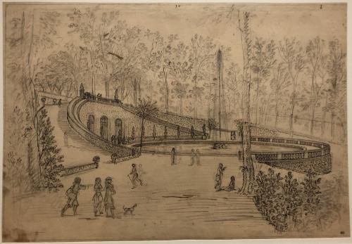 258.100 Vue de la grande grotte des jardins de Le Brun à MontmorencyH : 290 L : 417
 Dessin pour la gravure Faucheux : 258.100Crédit : Louvre INV 33047