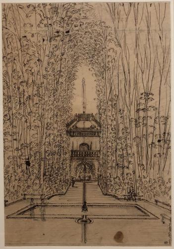 258.101 Vue des jardins de la maison de Le Brun à MontmorencyH : 330 L : 227
 Dessin pour la gravure Faucheux : 258.101Crédit : Louvre INV 33044