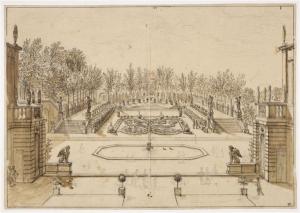 258.3 Vue du parterre sud de la maison de Le Brun à MontmorencyH : 275 L : 394
 Dessin pour la gravure Faucheux : 258.3  Baré : N° 301Crédit : © Louvre Département des Arts graphiques INV 33051