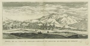 27.4 Profil de la ville de Grenade capitalle du Royaume de Grenade en Espagne.Avec priuilege du Roy.H : 278 L : 553
 Faucheux : 27.4Crédit : gallica.bnf.fr