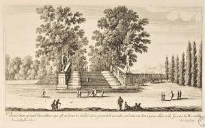 287.100 Veue d'un grand escailler qui est au bout de l'allée de la grande Cascade, en dessandans pour aller à la grotte de RocailleIsrael Silvestre delin. - Perelle sculp.
 Faucheux : 287.100Crédit : Bibliothèques de Nancy, P-FG-AL-00039