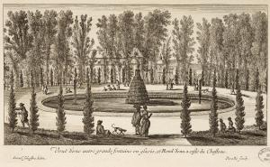 287.13 Veuë d'une autre grande fontaine en glacis, et Rond d'eau a costé du Chasteau.Bibliothèques de Nancy, P-FG-AL-00039H : 125 L : 210
 Faucheux : 287.13  Baré : N° 324Crédit : Bibliothèques de Nancy, P-FG-AL-00039