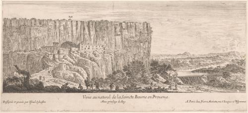 288.1 Veüe au naturel de la Saincte Baume en Prouence.Dessignée et gravée par Israël Syluestre Avec privilege du Roy. A Paris chez Pierre Mariette, rue S. Jacques a l'Esperance.H : 139 L : 305
 Faucheux : 288.1  Baré : N° 652