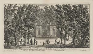 289.10 Veuë et Perspective d'une grotte au bout de l'allée du grand Jet d'eau à St Clou.Israël Silvestre delin. A Paris chez N Langlois Rue St Jacques a la Victoire. Avec Priuilege du Roy. AD. Perelle sculp.H : 145 L : 257
 Faucheux : 289.10  Baré : N° 340