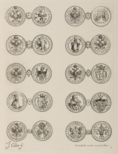 297.221 Les monnaies - Planche 3J. Callot f. Israel Silvestre excudit cum privil, Regis. 3 H : 495 L : 335 - Feuille : 495 x 335
 Faucheux : 297.221Crédit : © Nancy, musée des beaux-arts. Cliché Thomas Clot. INV 40.1.613