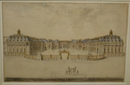 317.18 Vue du château de Versailles depuis l'avant-courH : 340 L : 495
 Dessin pour la gravure Faucheux : 317.18  Baré : N° 385Crédit : Louvre Département des Arts graphiques INV 33015 / Photo FdS