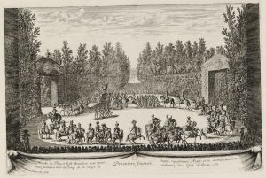 318.2 Premiere Journée. Marche du Roy, et de ses chevaliers.Israël Silvestre, del, et sculp. et ex. Cum priuil. Regis.H : 277 L : 418
 Faucheux : 318.2  Baré : N° 396Crédit : gallica.bnf.fr