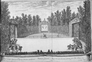 318.4 Premiëre Journée. Course de bague disputé par le Roy, et ses Chevaliers.Israël Silvestre, del et sculp. et ex cum priuilegio Regis.H : 272 L : 418
 Faucheux : 318.4  Baré : N° 398