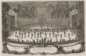 318.6 Premiere Journée. Festin du Roy, et des Reynes.Israël Silvestre, deline, et sculpsit parisijs. et excud. cum priuilegio Regis.H : 272 L : 420
 Faucheux : 318.6  Baré : N° 400Crédit : gallica.bnf.fr