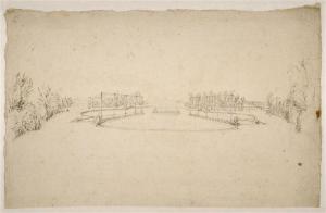 318.8 Préparatifs du décor épéhémère du palais d'Alcine dans le Rondeau des CygnesH : 289 L : 150
 Dessin pour la gravure Faucheux : 318.8Crédit : © Louvre, Département des Arts graphiques INV. RF 4951