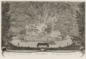 318.9 Troisiesme Journée. Rupture du Palais et des enchantemens de l'Isle d'Alcine.Israël Silvestre, del, et ex. Cum Priuelegio Regis.H : 282 L : 425
 Faucheux : 318.9  Baré : N° 403Crédit : gallica.bnf.fr