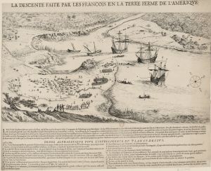 321.1 La descente faite par les Français en la terre ferme de l'Amérique.AVEC PRIVILEGE DU ROY. Silvestre f. Silvestre fecit.H : 218 L : 356
 Faucheux : 321.1  Baré : N° 1001