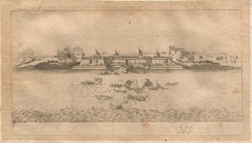 363.1 Vue d'une forteresse attaquée par mer par neuf barques, qui sont sur le devant et au milieu.H : 100 L : 181
 Faucheux : 363.1  Baré : N° 1005