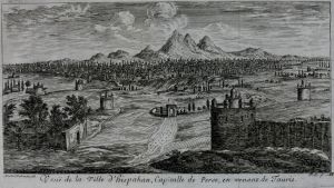 46.1 Veuë de la Ville d'Hispahan, Capitalle de Perse ; en venant de Tauris.A. Daulier, Deslandes, del. I. S. f.H : 162 L : 288
 Faucheux : 46.1  Baré : N° 982