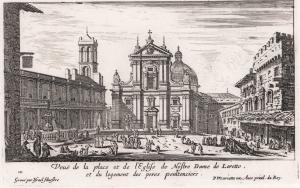 5.10 Veuë de la place et de l'Eglise de Nostre Dame de Lorette, et du logement des pères pénitenciers.Gravé par Israël Silvestre Avec priuil. du Roy.H : 118 L : 193
 Faucheux : 5.10  Baré : N° 743