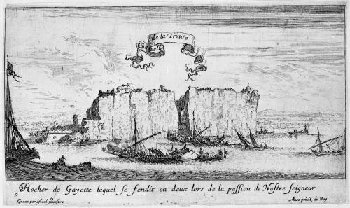 5.9 Rocher de Gayette lequel se fendit en deux lors de la passion de Nostre Seigneur.Gravé par Israël Silvestre. Avec priuil. du Roy.H : 119 L : 202
 Faucheux : 5.9  Baré : N° 737